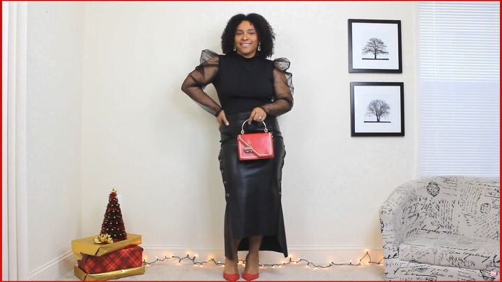 how to style sexy faux leather christmas outfits in 4 different ways, Red accessories with a black leather outfit