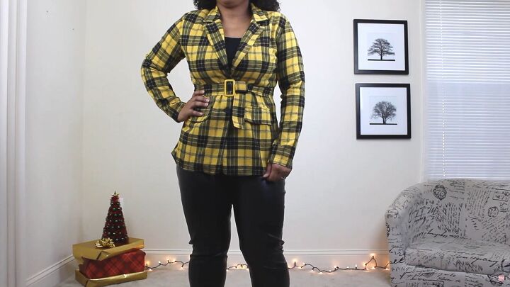 how to style sexy faux leather christmas outfits in 4 different ways, Yellow plaid blazer with leather leggings