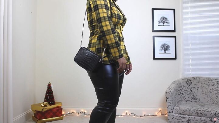 how to style sexy faux leather christmas outfits in 4 different ways, Black and yellow festive faux leather outfit