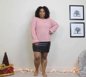 4 casual christmas outfits with sweaters that are cozy comfy chic, Pink sweater with a black leather skirt