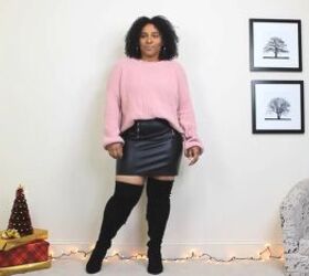4 casual christmas outfits with sweaters that are cozy comfy chic, Casual Christmas outfit with thigh high boots