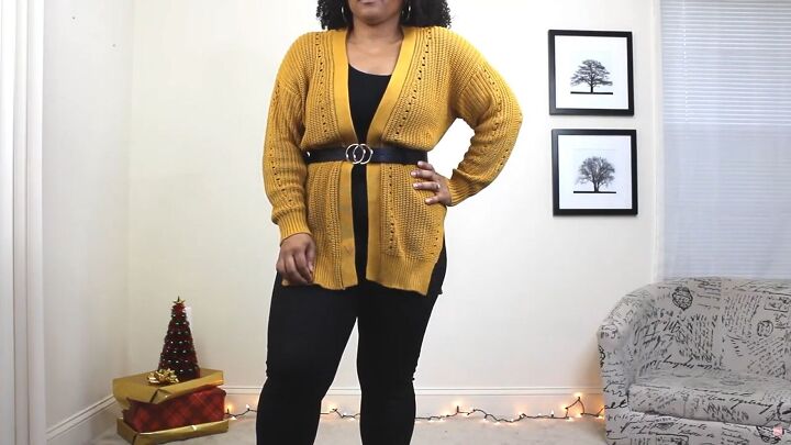 4 casual christmas outfits with sweaters that are cozy comfy chic, Yellow cardigan with a black belt