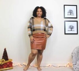 4 casual christmas outfits with sweaters that are cozy comfy chic, Plaid V neck sweater with a leather skirt