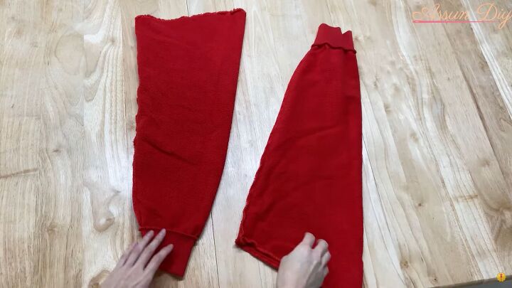 how to make a cute diy christmas dress out of an old red hoodie, Making sleeves for the DIY Christmas dress