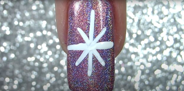 sparkly snowflake nail polish art how to draw a snowflake on a nail, Snowflake nail tutorial