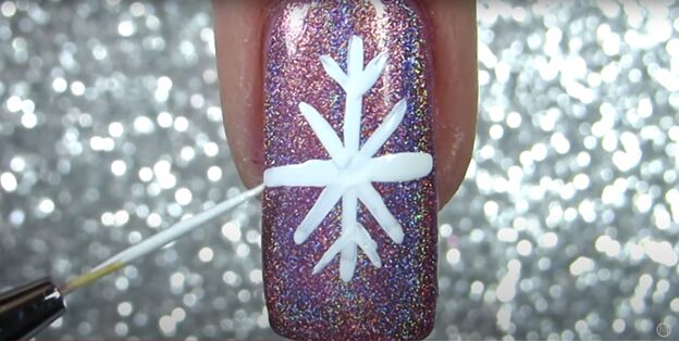 sparkly snowflake nail polish art how to draw a snowflake on a nail, Drawing a white snowflake on the nail