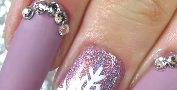 sparkly snowflake nail polish art how to draw a snowflake on a nail, Applying crystals to the nail bed