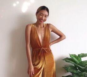 how to sew your own jumpsuit a glamorous outfit for a holiday party, DIY gold velvet jumpsuit