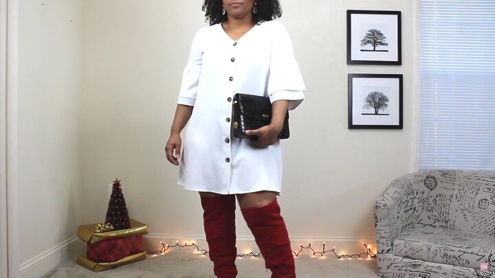 4 fun festive red boots outfit ideas for the holidays, Red over knee boots outfit