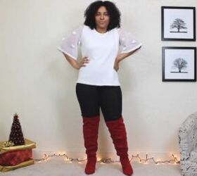 4 fun festive red boots outfit ideas for the holidays, Red boots with black pants and a white top