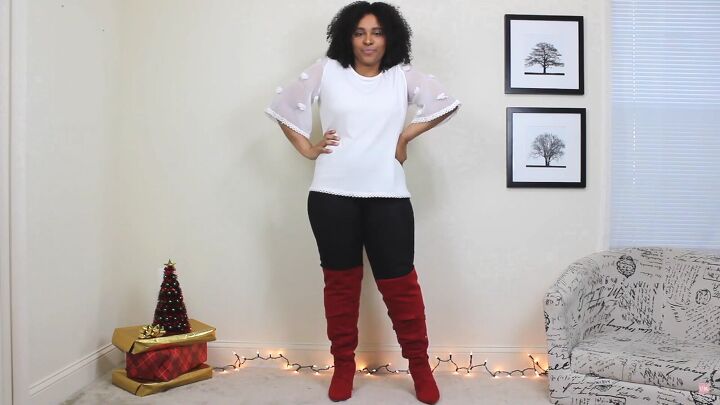 4 fun festive red boots outfit ideas for the holidays, Red boots with black pants and a white top