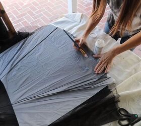 3 sparkly ways to embellish a tulle skirt for a cute diy party outfit, Painting Mod Podge on the tulle skirt