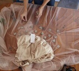 3 sparkly ways to embellish a tulle skirt for a cute diy party outfit, Placing the appliqu flowers on the skirt