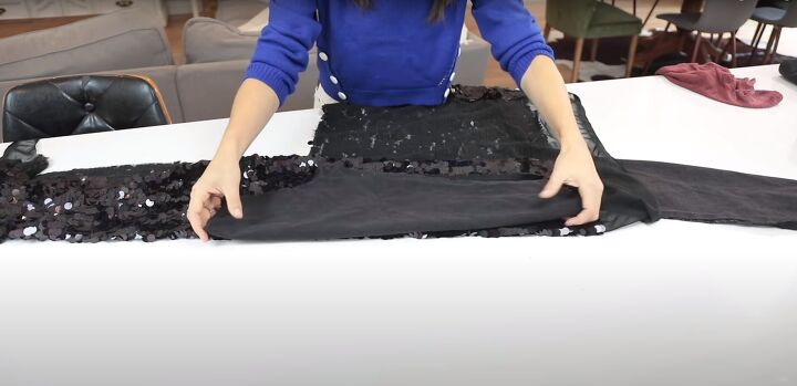 how to make a cute sparkly diy sequin jacket for the holidays, Using the jacket sleeves as a pattern