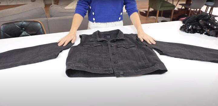 how to make a cute sparkly diy sequin jacket for the holidays, Removing sleeves and cuffs from the denim jacket