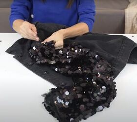 how to make a cute sparkly diy sequin jacket for the holidays, Attaching the sequin sleeves to the jacket