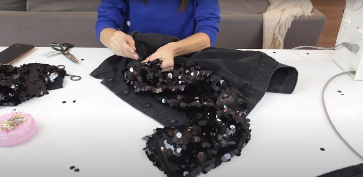how to make a cute sparkly diy sequin jacket for the holidays, Attaching the sequin sleeves to the jacket