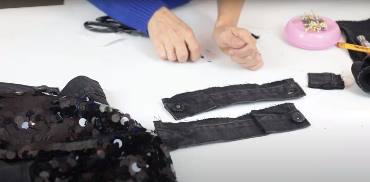 how to make a cute sparkly diy sequin jacket for the holidays, Sewing the ends of the cuff