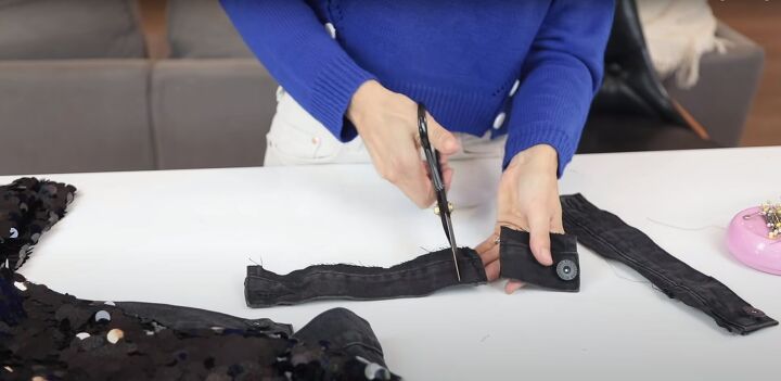 how to make a cute sparkly diy sequin jacket for the holidays, Cutting the button off the cuff