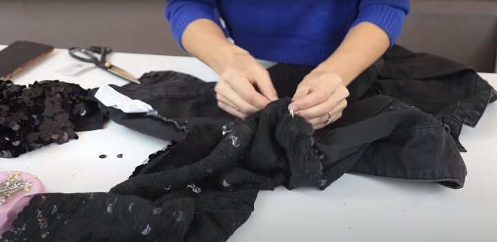 how to make a cute sparkly diy sequin jacket for the holidays, Pinning the sleeve to the jacket