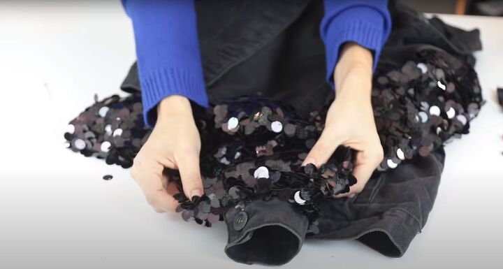 how to make a cute sparkly diy sequin jacket for the holidays, How to make a custom sequin denim jacket