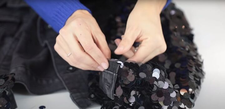how to make a cute sparkly diy sequin jacket for the holidays, Pinning the cuffs to the sequin sleeve
