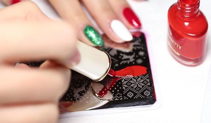 how to easily do festive white red green christmas nail designs, Christmas stamping nail art