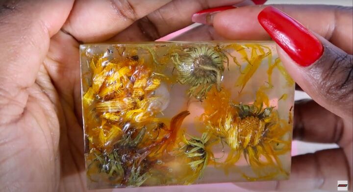 how do i add flowers to melt and pour soap try this technique, Soap with flowers inside