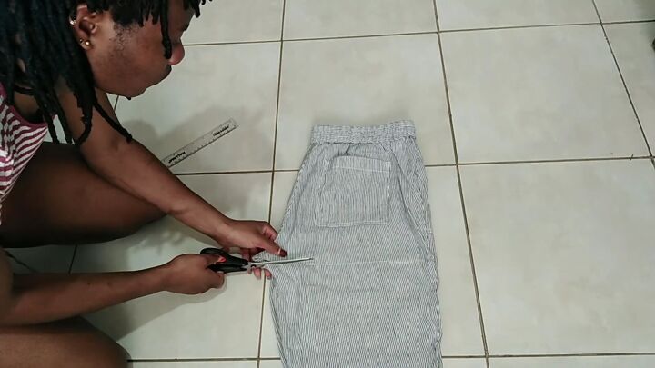 how to easily make a dress from pants in 5 simple steps, Cutting the pants at the crotch line