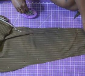 how to sew wide leg pants to straight leg in 6 quick easy steps, Pinning the pant seam ready to sew