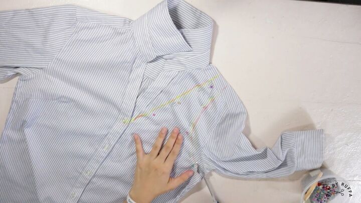 diy shirt into crop top how to refashion your old work shirts, Marking the pattern with chalk