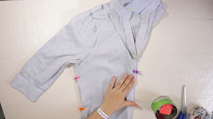 diy shirt into crop top how to refashion your old work shirts, Clipping the folding the shirt