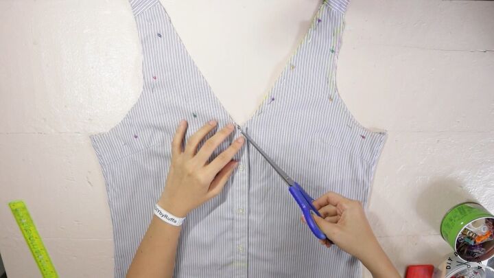 diy shirt into crop top how to refashion your old work shirts, Adjusting the neckline