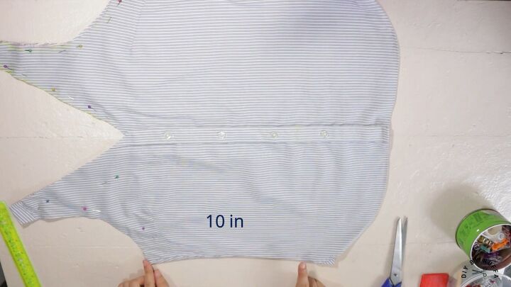 diy shirt into crop top how to refashion your old work shirts, Measuring the length of the top