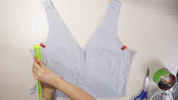 diy shirt into crop top how to refashion your old work shirts, Taking in the shirt on the sides
