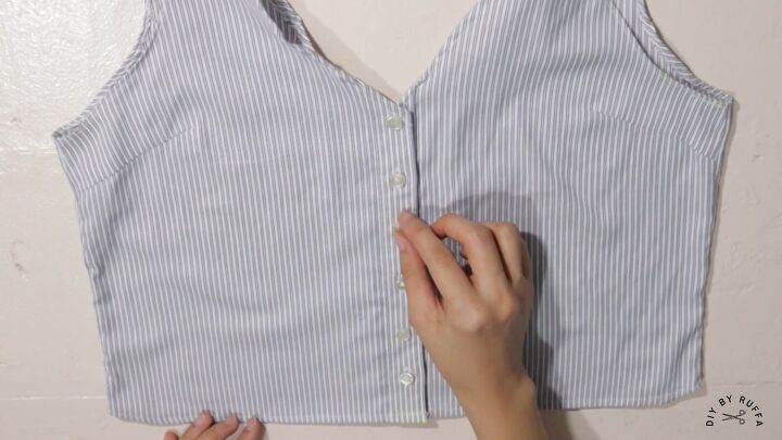 diy shirt into crop top how to refashion your old work shirts, Making extra buttonholes on the top