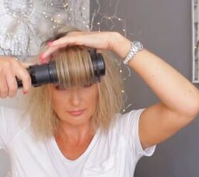 how to do a cute easy 10 minute updo on wet hair, Using a hot air brush to smooth down hair