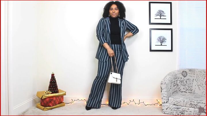 4 blazer holiday outfits from festive formal to cute casual, Striped pants and blazer outfit