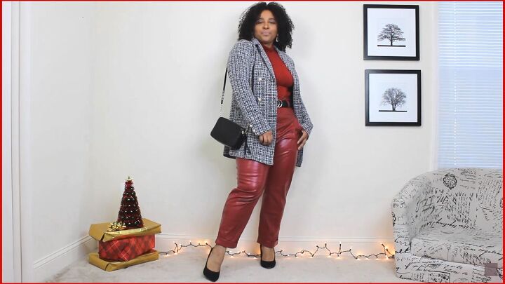 4 blazer holiday outfits from festive formal to cute casual, Cute blazer outfit with faux leather pants