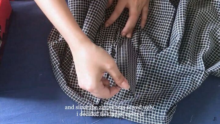how to make a pleated skirt from an old duvet cover, Covering the zipper with fabric