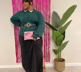 how to style a green sweater for a corporate holiday party, Style Tip Add a belt to cinch in your waist