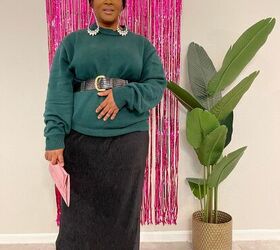 how to style a green sweater for a corporate holiday party, Outfit Details Entire Outfit Thrifted Earrings Accessory House Shoes Steve Madden Clutch Trend Mall