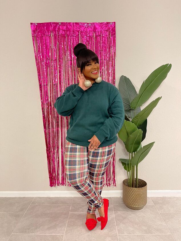 how to style a green sweater for a corporate holiday party, Outfit Details Sweater Thrifted Pants Walmart Shoes Burlington Earrings My Christmas Tree ornaments