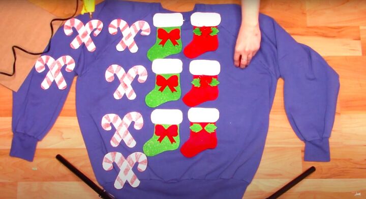how to make a last minute diy ugly christmas sweater for the holidays, Gluing the felt Christmas shapes together