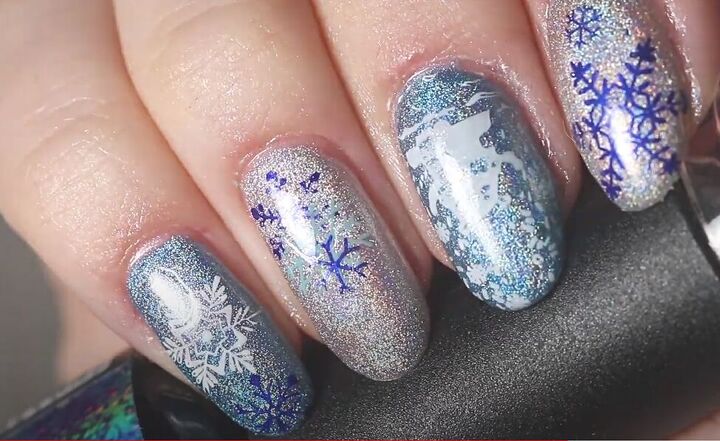 how to do easy blue silver nails with snowflakes for winter, Silver nails with snowflakes