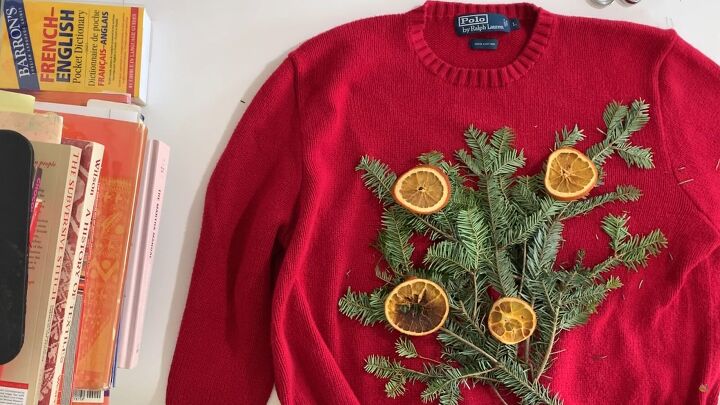 how to make a last minute diy christmas tree sweater for the holidays, Adding dehydrated orange slices