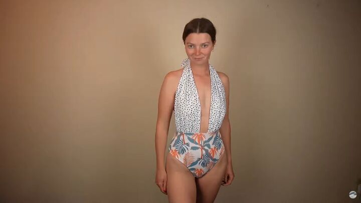make your own swimsuit this cute diy one piece can be worn 5 ways, Reversible DIY halter top swimsuit