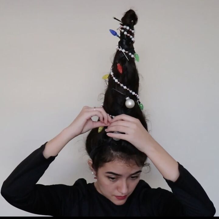 how to make christmas tree hair 5 steps to the best holiday hairdo, Securing tree decorations with bobby pins