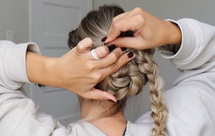 how to do a gorgeous lace french braid updo for a special occasion, Draping the braids over each other