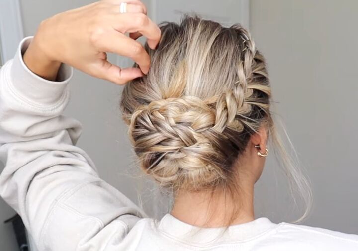 how to do a gorgeous lace french braid updo for a special occasion, Pinching and pulling the top of the hair
